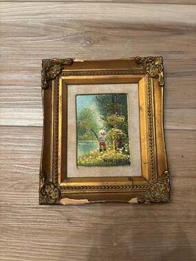 Vintage Framed Small Oil Painting of a Boy Fishing in a Landscape Signed
